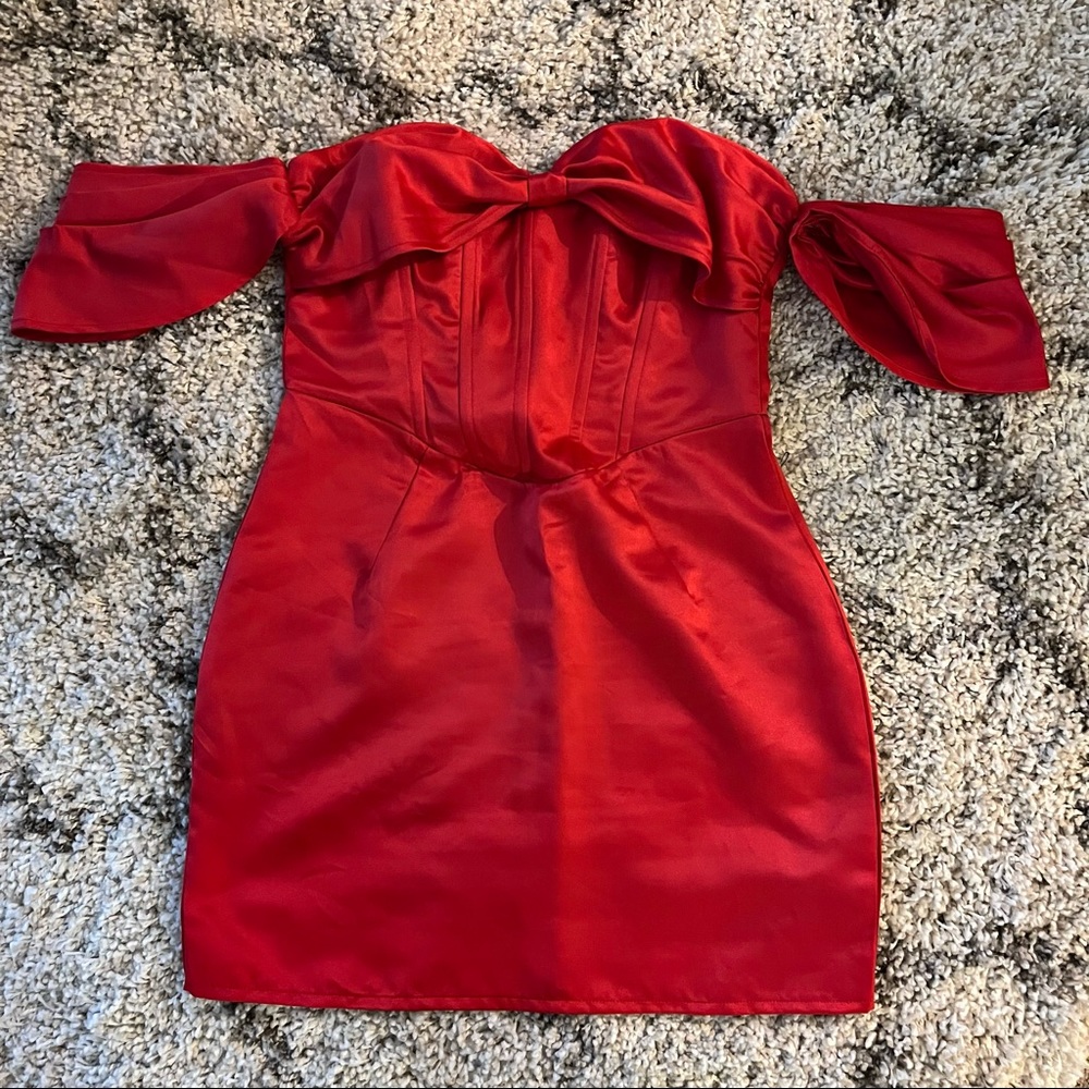 Pretty Little Thing Red Satin Bardot Corset Bodycon